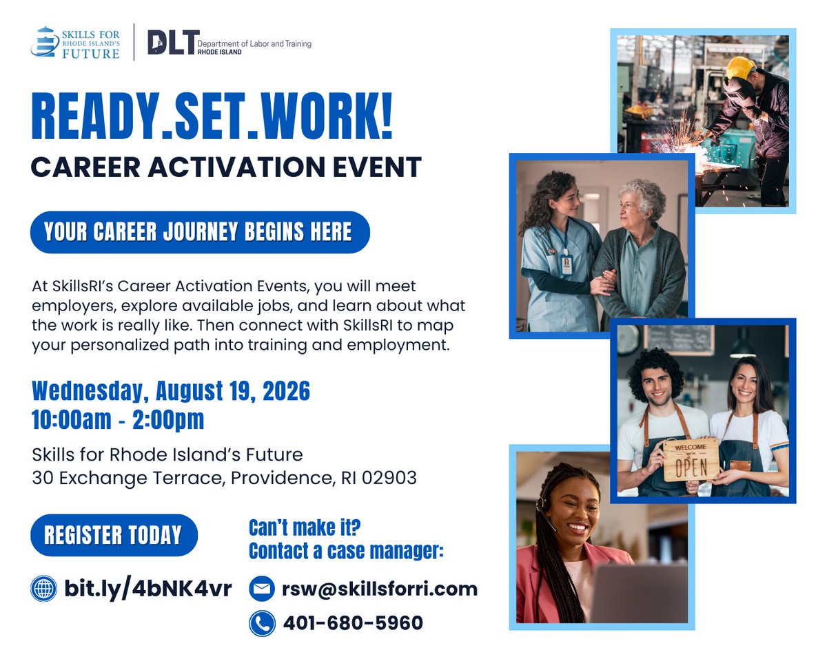 SkillsforRI's tweet photo. Looking for a job, training, or help starting or growing a business?

Join our next #ReadySetWork Career Activation Event Aug. 19, 10 AM–2 PM, in #ProvidenceRI. Meet employers and connect with #SkillsRI + @risbhub.

Register: https://t.co/5Z0oix1We3

Funded by @RI_DLT. https://t.co/2JIlyNSjJA