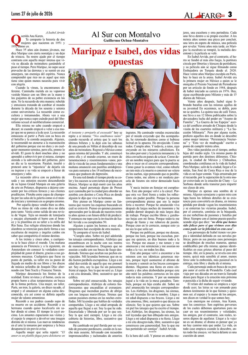AlfaroNoticiasD's tweet photo. #Columnas Guillermo Ochoa-Montalvo @guiyermodivan: Maripaz e Isabel, dos vidas opuestas.
https://t.co/FgsZoOSpta https://t.co/KxiZ4L4RxE