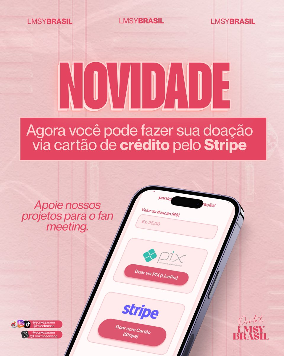 lmsybrasil's tweet photo. Olá, besties!! ✨
Agora ficou ainda mais fácil apoiar nossos projetos! 

Além do PIX, agora você também pode fazer sua doação utilizando cartão de crédito, de forma rápida e segura, através do Stripe.

Toda contribuição, independentemente do valor, nos ajuda a tornar nossos projetos para o fan meeting ainda mais especiais. Obrigada por fazer parte disso com a gente! 🫶🏻🤍

🔗: https://t.co/jmXNmLj23C 

—

🇺🇸 Supporting our projects is now even easier! 

If you’re outside Brazil, you can now support our projects by making a credit card donation through Stripe a fast and secure payment platform available in several countries.

Every contribution, no matter the amount, helps us make our fan meeting projects even more special. Thank you for supporting us! 🫶🏻🤍

🔗: https://t.co/jmXNmLj23C

#LMSY #ลูกหมีซอนญ่า 
#LMSYEVERAFTER #LMSYBloomInSãoPaulo