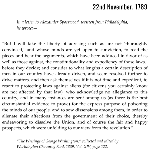 AuronMacintyre's tweet photo. George Washington suggests that laws may be necessary to protect against foreigners who seek to sow dissension among native-born Americans https://t.co/nZJVLA3Ooh