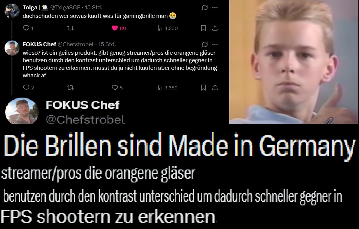 psymon_tv's tweet photo. Geiles Produkt - Made in Germany btw (Alle Materialen  ausm Ausland, aber Brillengläser werden in DE eingesetzt🤓👍)

• Kontrastsehen widerlegt
• Reaktionszeit widerlegt
• Lesegeschwindigkeit identisch
• Farbtreue schlechter
• Augenermüdung widerlegt
• keine Akkomodation (Distanzen unterscheiden)
• kein Schutz für die Netzhaut
• keine Verbesserung bei Lichtempfindlichkeit

bin mal gespannt auf die Preise der mega geilen "made in Germany" Profi-Gamingbrillen