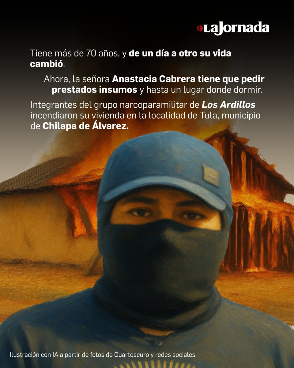 lajornadaonline's tweet photo. Tiene más de 70 años, y de un día a otro su vida cambió. Ahora, la señora Anastacia Cabrera Tapia tiene que pedir prestados insumos y hasta un lugar donde dormir, luego de que integrantes del grupo narcoparamilitar de 'Los Ardillos' incendiaron su vivienda en la localidad de Tula, municipio de Chilapa de Álvarez.