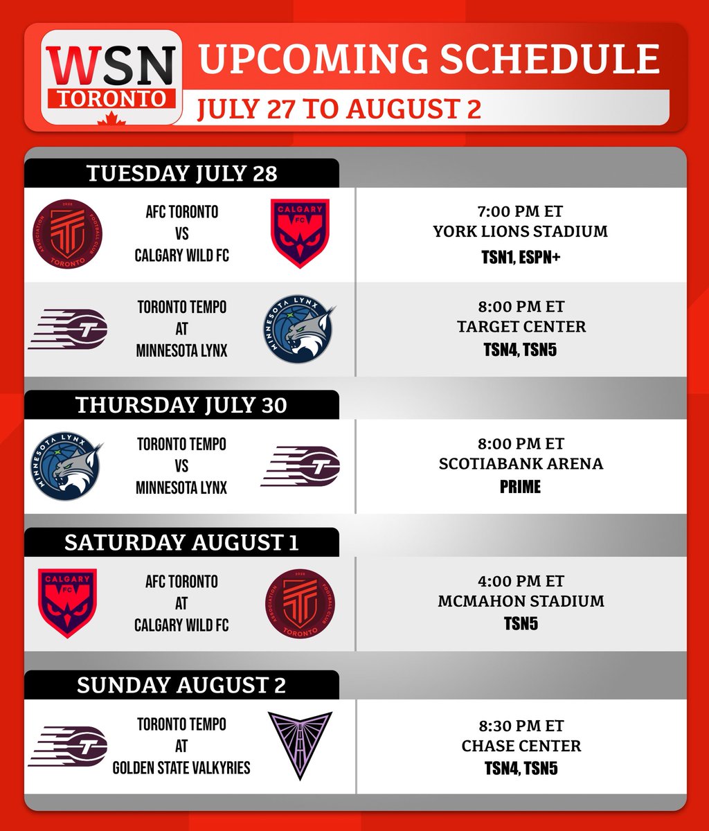 WSNToronto's tweet photo. Where you can catch all the Toronto Tempo &amp; AFC Toronto action this week https://t.co/6LozMNKCY7