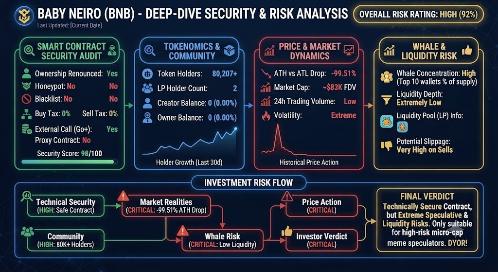ChainPathfinder's tweet photo. Analyzing $BABYNEIRO on BNB Chain 🧵

✅ Pros: Verified contract, 0% buy/sell tax, 80k+ holders.
⚠️ Risks: -99.5% from ATH, micro-cap ($83K), low liquidity depth.
📊 Investment Risk Rating: 92% (High Risk)

Secure code, but extreme speculative risk. DYOR!

#BabyNeiro #BNB #Crypto https://t.co/4mnf651vUn