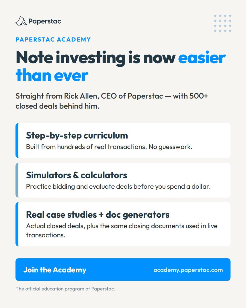 paper_stac's tweet photo. Note investing is now easier than ever. 🎓
Paperstac Academy — from CEO Rick Allen (500+ closed deals): step-by-step curriculum, deal simulators & real closing docs.
Join 👉 https://t.co/5QkyaVzGIG
#NoteInvesting #Paperstac https://t.co/3N1AbCDVEs