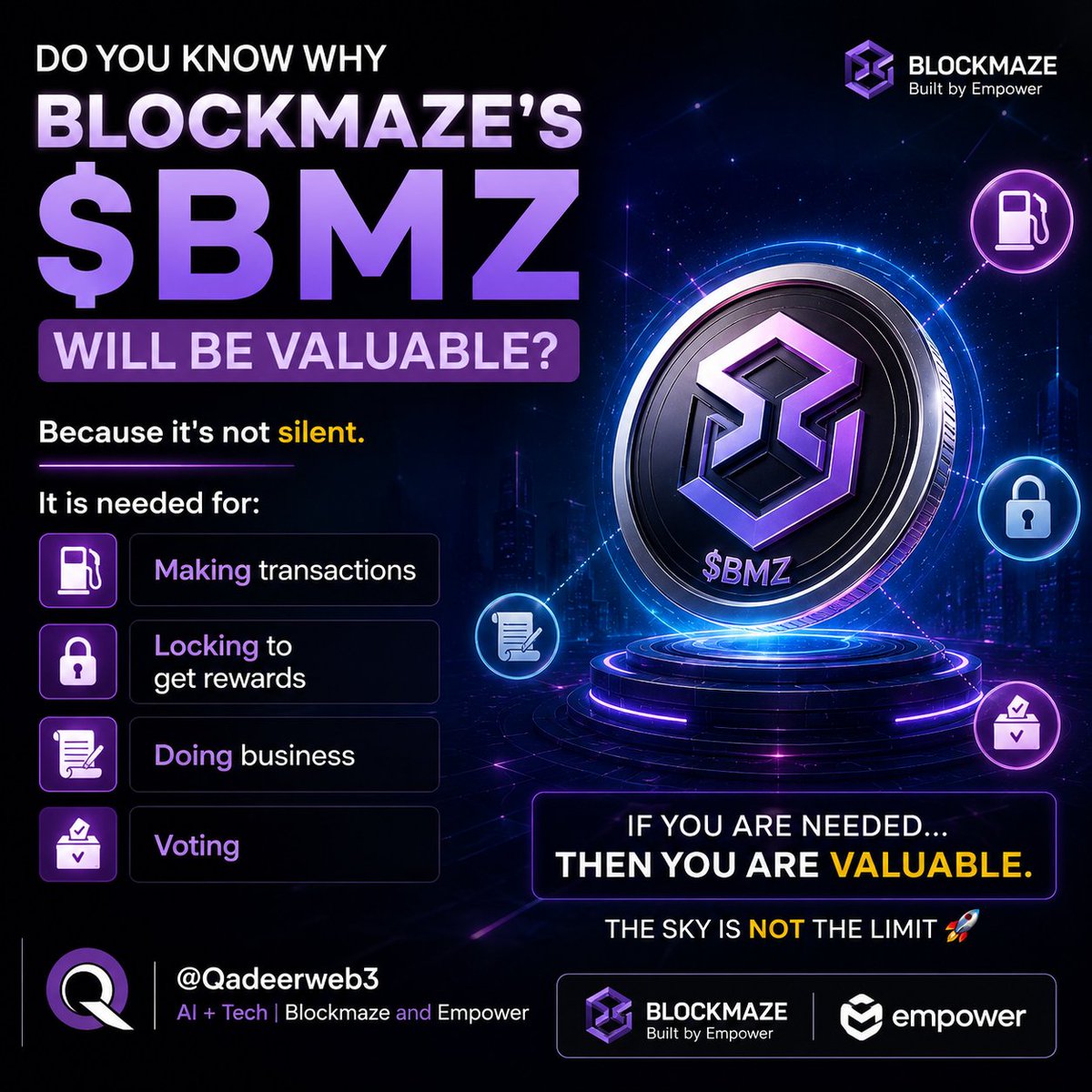 Qadeerweb3's tweet photo. Kun san me ya sa $BMZ na Blockmaze zai yi daraja?
Domin bazai tsaya `shiru ba`.
Ana bukatarsa don:
β½ Yin transaction
π Kullewa don samun lada
π Yin business
π³οΈ Yin zabe
Idan ana bukatarka $Bmz to kana da daraja.
The sky is not the limit π
#Blockmaze #BMZ https://t.co/mcX3MPfyES