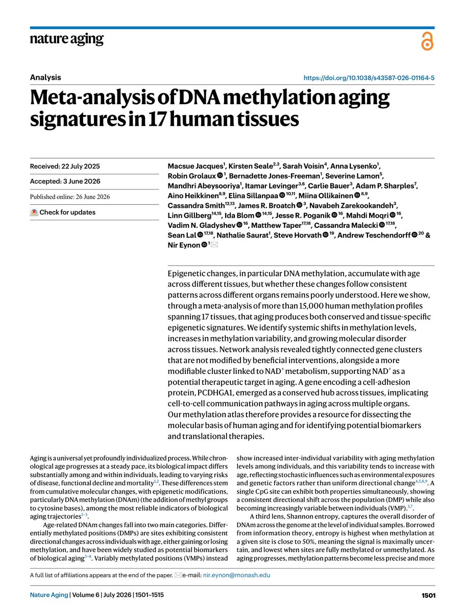 biogerontology's tweet photo. Largest cross-tissue map of the human aging epigenome yet: 15,000+ methylation profiles across 17 tissues reveal both shared and tissue-specific DNAm signatures of aging. Nature Aging 2026. 🧬🔬

[1/5] https://t.co/4RtwhE9WcF