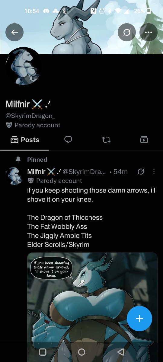 Milfnir's tweet photo. @skyrimdragon_
Seriously? I don't mind anyone who wants to be a Milfnir but copying my profile set up, using my pinned image as your icon, come on? Not even gonna try? Then you blocked me?

The bar for Twitter RP is low but didn't think you'd go even lower. 

That's Petty ngl https://t.co/y9qr1gnxaY