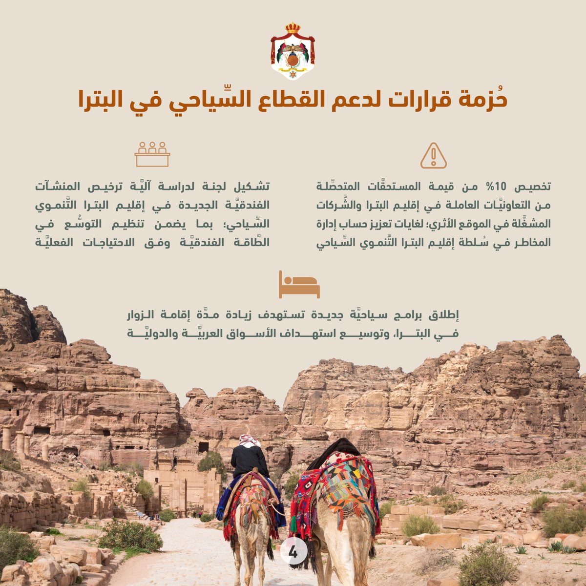 PrimeMinistry's tweet photo. مجلس الوزراء يتَّخذ 11 قراراً لدعم القطاع السِّياحي في البترا بهدف الحفاظ على فرص العمل التي يوفِّرها القطاع وتعزيز استدامته، وتخفيف الأعباء الماليَّة عن المنشآت يستفيد منها 1600 عامل وتُقدَّر كلفتها بـ 5 ملايين دينار تتحمَّلها الحكومة.
تعرَّف على تفاصيل هذه القرارات: https://t.co/0fL4GVrNZR