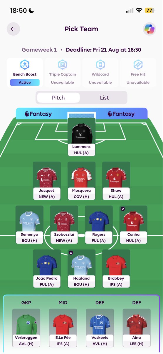 FPL_Lelouch's tweet photo. Bench Boost GW1 draft:
Ballsy, but I feel like there’s very high upside for my bench in GW1. Will most likely Wildcard or Free Hit GW4 if I choose this path https://t.co/H4FF5ZPNkS
