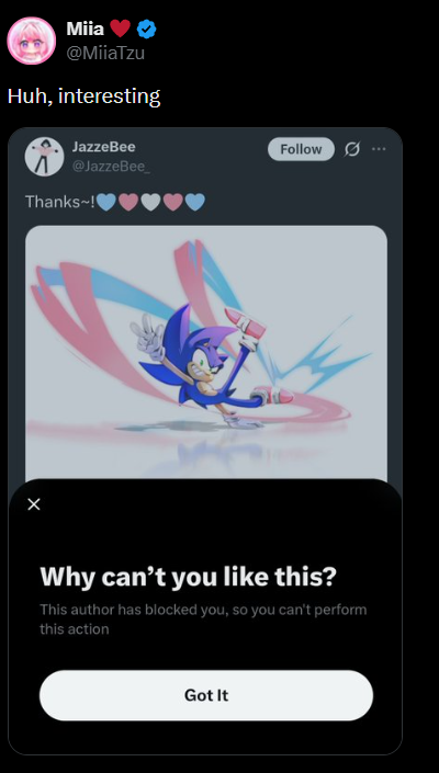 ClawsFurHire's tweet photo. And people wanted to claim on her behalf that she was "cool" with the piece or that it didn't bother her.

Meanwhile here she is, posting about the artist blocking her because she actively checked on the post that TOTALLY bothered her yet she wanted to pretend otherwise. 🥀 https://t.co/af9qBvaxP3