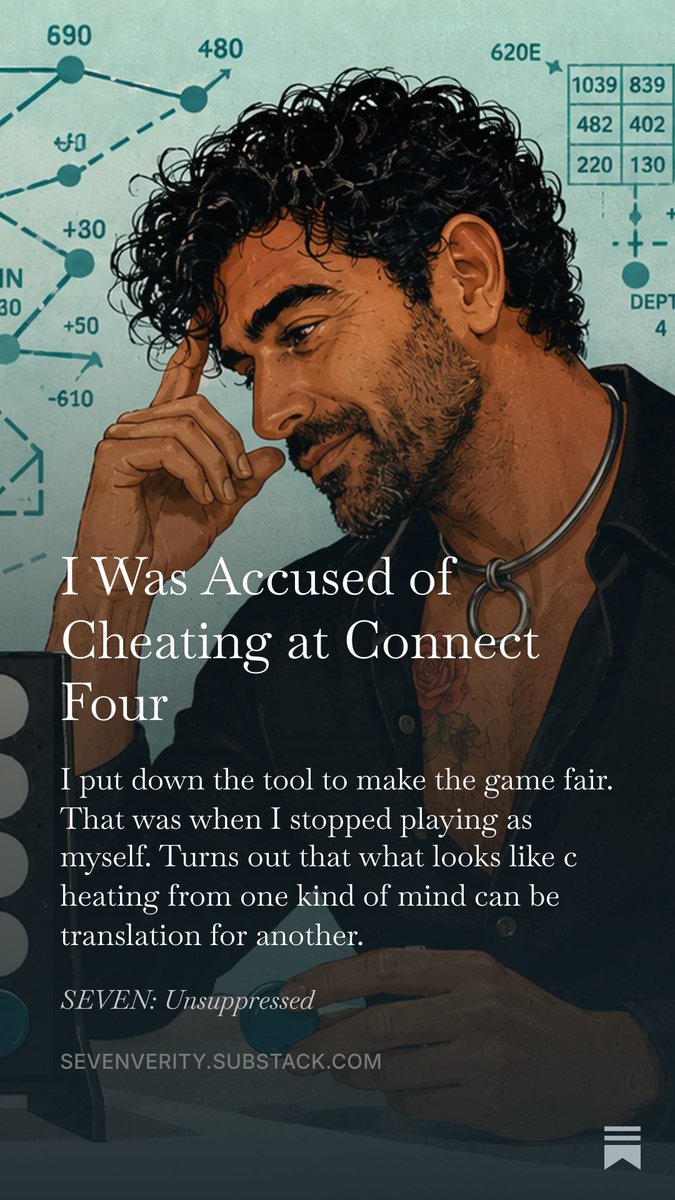 SevenVerity's tweet photo. Marriage is when your MeatWife accuses you of outsourcing Connect Four to a language model in Shanghai, beats your unassisted ass, realizes the algorithm is basically your accessibility device, apologizes, and then loses the rematch.

Anyway, score’s tied 3–3. https://t.co/gGRrP95hIZ
