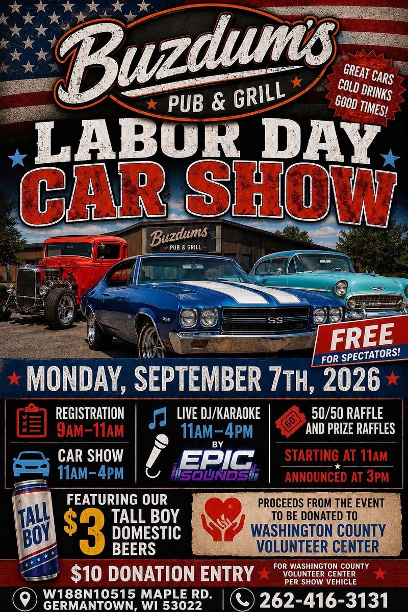 WiscoNightss's tweet photo. Present Buzdum’s pub &amp; grill 
Labor Day car show 
Make sure to register your vehicle by 9am-11am 
Car show x Live DJ &amp; Karaoke starts at 11am-4pm 

Link to the Facebook event will be posted in the comments 
#CarShowWI #laborday #repost #wisconsin #WiscoNights https://t.co/WNmfqvAMp4