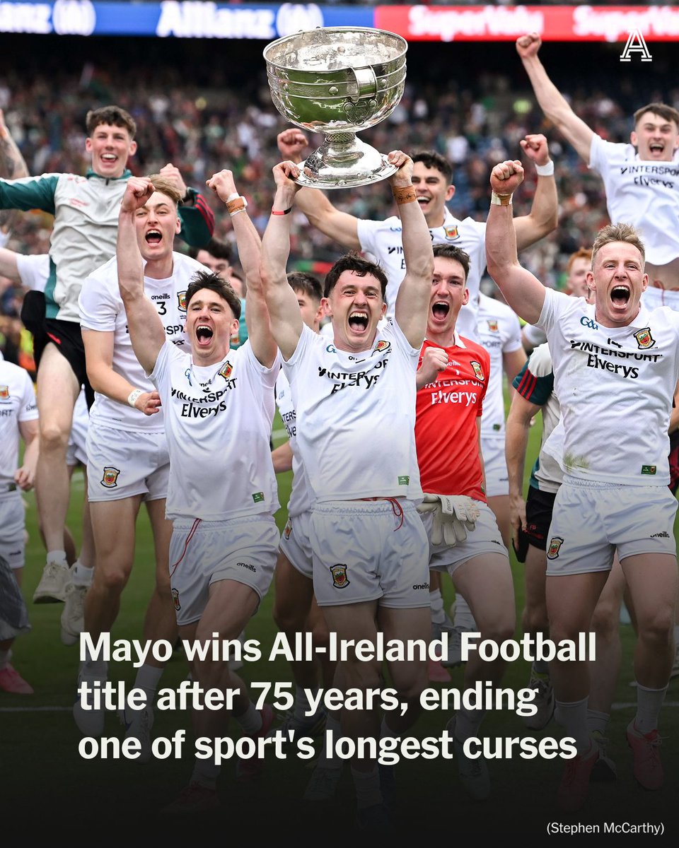 TheAthletic's tweet photo. The New York Knicks went 53 years without an NBA championship. Arsenal waited 22 years to lift another Premier League trophy.

But Mayo's All-Ireland title win in Gaelic football blew this year's high-profile sporting exorcisms out of the water.

Entering the Boston Red Sox’s “Curse of the Bambino” territory, Mayo went 75 years without success, losing 11 finals after an Irish priest supposedly condemned the team's celebrations following their 1951 title win.

https://t.co/uyJ1FKC4lT