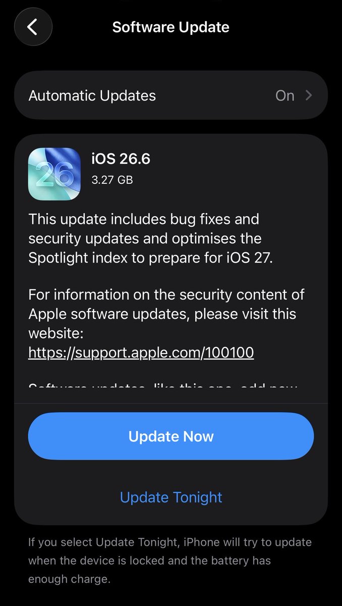 ParthSolucky88's tweet photo. 🚨🚨🚨 IT IS LIVE!!!
iOS 26.6 is officially rolling out to everyone right now! 🚀 
✅ Go to Settings > General > Software Update to grab it.
📸 : Screenshot from my iPhone 13
#iPhone #iPhone13 #iOS #iOS26 #iOS27 #AppleUpdate #iOSUpdates https://t.co/xvxj9JT1uX