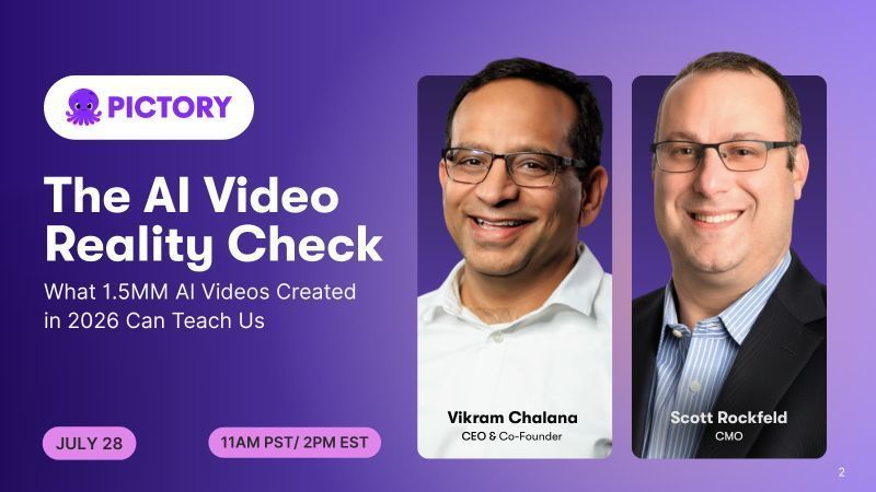 pictoryai's tweet photo. What can 1.5 million AI videos teach you about creating content? 

Join Vikram Chalana CEO and Scott Rockfeld CMO from @pictory for a live webinar on the biggest AI video trends and what they mean for your business. 

Tomorrow | 11 AM PST. Register here: https://t.co/E065mJAvh6 https://t.co/DAPEozkFjF