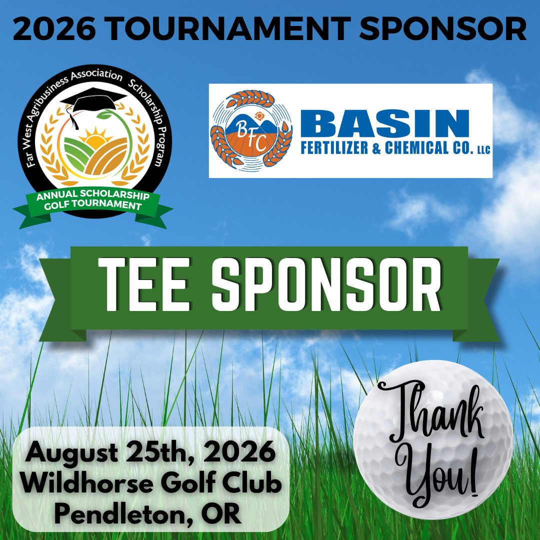 FWAAorg's tweet photo. A big thank you to Basin Fertilizer &amp; Chemical Company for being a Tee Sponsor at the 2026 Annual Scholarship Golf Tournament! Join us August 25th at Wildhorse Golf Club in Pendleton, OR! Register today: https://t.co/MhplWUu0lJ
#ThankYou #BasinFertilizer https://t.co/fpNa7VC9zo