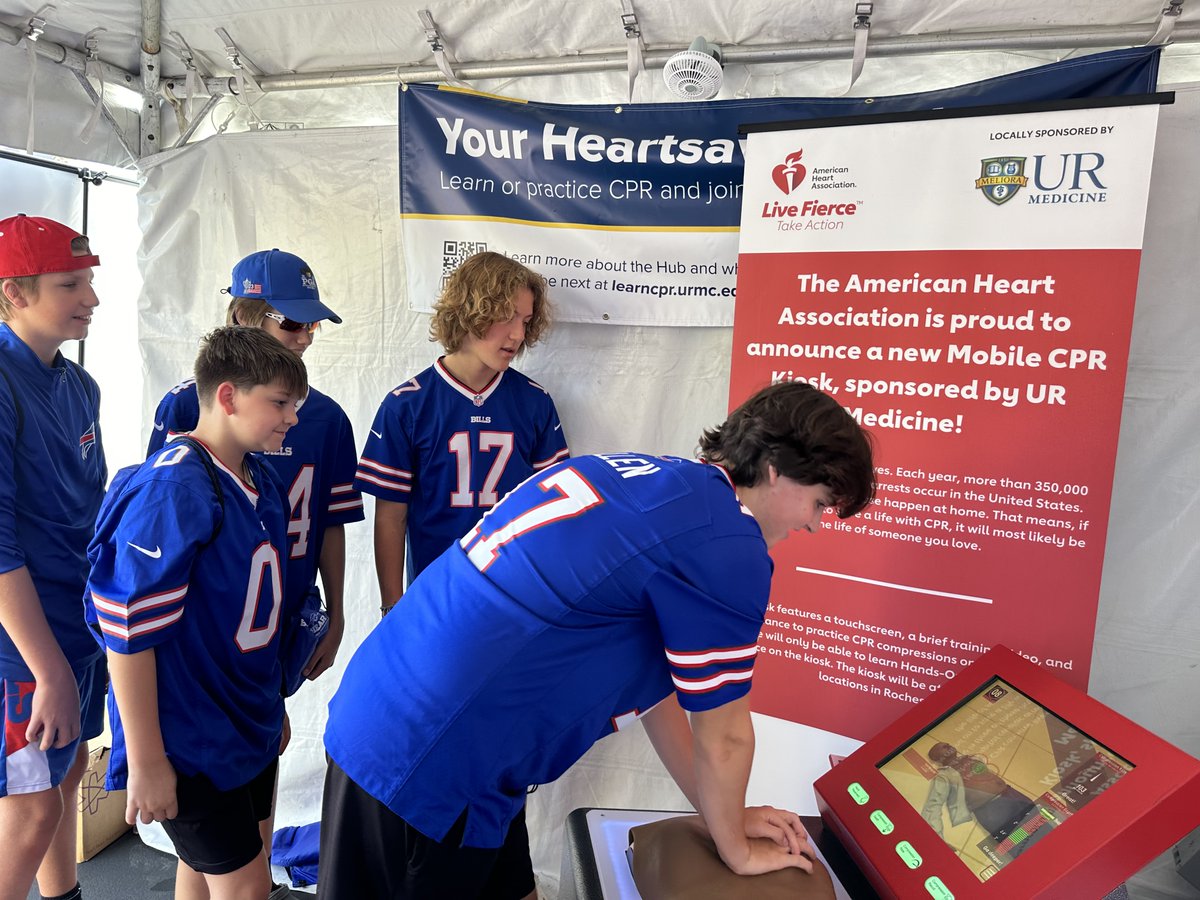 AHANewYork's tweet photo. We'll be back at @BuffaloBills Training Camp! Join us for every open practice day. Be part of the #NationofLifesavers by learning Hands-Only CPR. You can even try out the mobile Hands-Only CPR kiosk, sponsored by @UR_Med, and have even more fun while learning a lifesaving skill! https://t.co/JlfEYR2ypU