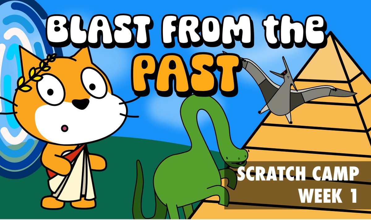 scratch's tweet photo. It’s the best time of the year: Scratch Camp is here! Get ready for 3 weeks of time-traveling fun with the entire Scratch community. Week 1 invites you to explore the history, creatures, and stories from the distant past! 🦖⏳ Check it out: https://t.co/51vl2tB6qQ https://t.co/88bed6xYiX