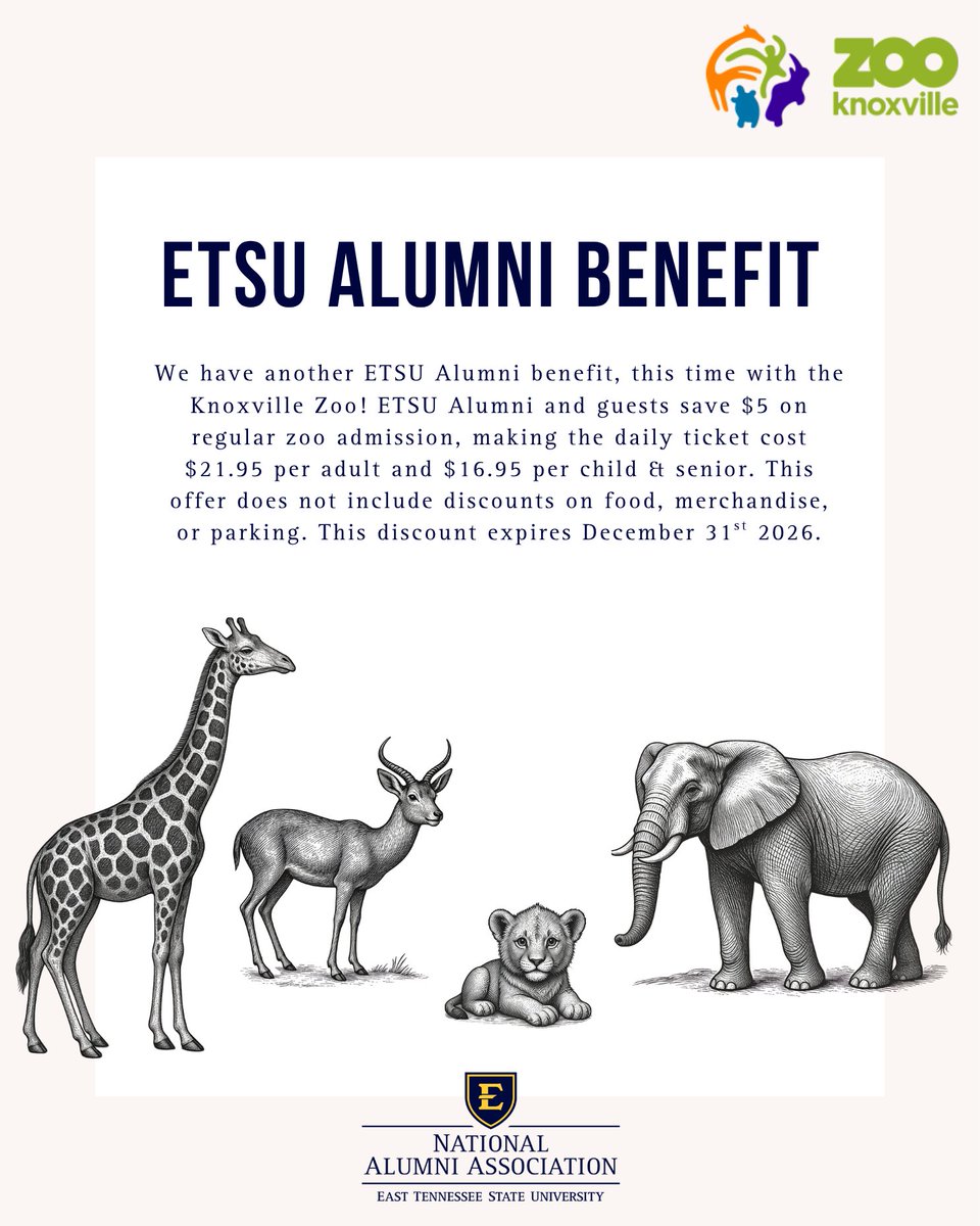 ETSUAlumni's tweet photo. New Alumni Benefit! Save $5 on regular admission to the Knoxville Zoo and enjoy new attractions like Timberloop, Boo at the Zoo, Smoky Night Lights, and more. Contact narron@etsu.edu for the 2026 promo code. #ETSUPRIDE365 https://t.co/qOXckx077b