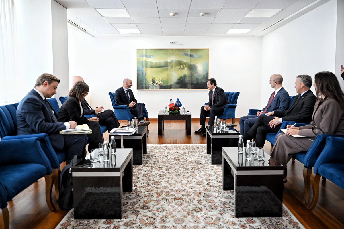 albinkurti's tweet photo. Today I welcomed France's Minister for Europe, Benjamin Haddad, to Kosova.
His visit builds on the working lunch I held with President Macron at the Élysée Palace on 17 March, and today our shared commitment took concrete form with the signing of five agreements between Kosova and France.

The agreements on extradition and on mutual legal assistance in criminal matters strengthen cooperation between our justice institutions in fighting crime and ensuring accountability. A €60 million credit line and the new France–Kosova Committee will support infrastructure investments and the Prishtina 2030 Mediterranean Games and their lasting legacy. And an administrative agreement on the teaching of French expands opportunities to learn the language and brings Kosova closer to the Francophone world.

We discussed Kosova's European integration, regional security and deepening our partnership. I asked for France's support for Kosova's path toward the EU, NATO and other international organizations. 🇽🇰🇫🇷