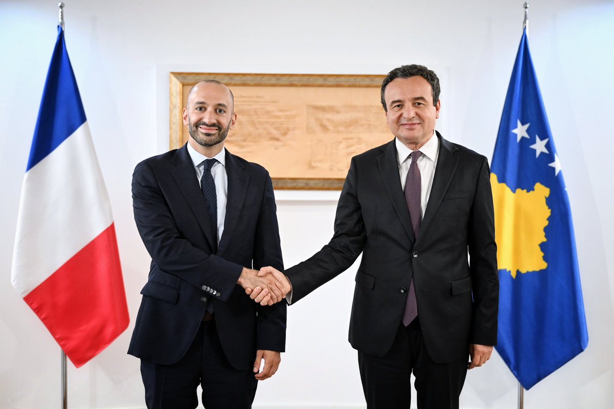 albinkurti's tweet photo. Today I welcomed France's Minister for Europe, Benjamin Haddad, to Kosova.
His visit builds on the working lunch I held with President Macron at the Élysée Palace on 17 March, and today our shared commitment took concrete form with the signing of five agreements between Kosova and France.

The agreements on extradition and on mutual legal assistance in criminal matters strengthen cooperation between our justice institutions in fighting crime and ensuring accountability. A €60 million credit line and the new France–Kosova Committee will support infrastructure investments and the Prishtina 2030 Mediterranean Games and their lasting legacy. And an administrative agreement on the teaching of French expands opportunities to learn the language and brings Kosova closer to the Francophone world.

We discussed Kosova's European integration, regional security and deepening our partnership. I asked for France's support for Kosova's path toward the EU, NATO and other international organizations. 🇽🇰🇫🇷