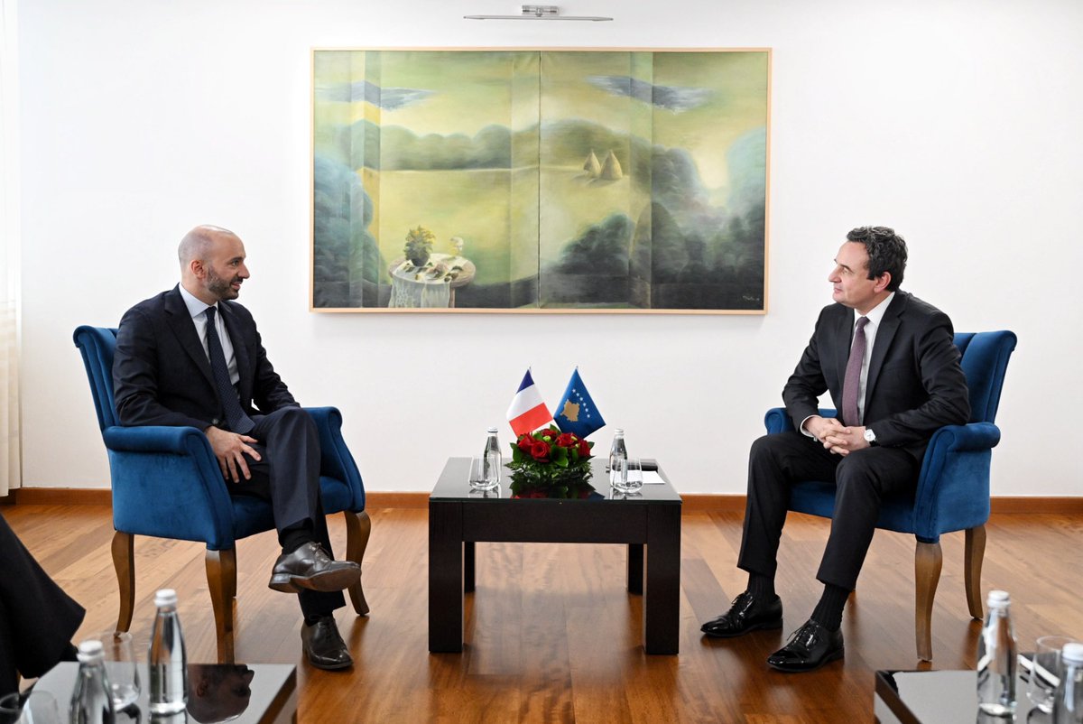 albinkurti's tweet photo. Today I welcomed France's Minister for Europe, Benjamin Haddad, to Kosova.
His visit builds on the working lunch I held with President Macron at the Élysée Palace on 17 March, and today our shared commitment took concrete form with the signing of five agreements between Kosova and France.

The agreements on extradition and on mutual legal assistance in criminal matters strengthen cooperation between our justice institutions in fighting crime and ensuring accountability. A €60 million credit line and the new France–Kosova Committee will support infrastructure investments and the Prishtina 2030 Mediterranean Games and their lasting legacy. And an administrative agreement on the teaching of French expands opportunities to learn the language and brings Kosova closer to the Francophone world.

We discussed Kosova's European integration, regional security and deepening our partnership. I asked for France's support for Kosova's path toward the EU, NATO and other international organizations. 🇽🇰🇫🇷