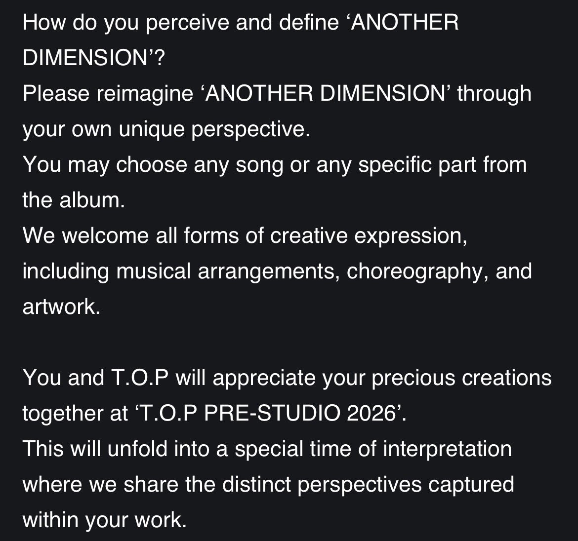 seungt0phyun's tweet photo. T.O.P is preparing a Q&A with questions from fans themselves for his upcoming Fanmeeting, and his team is also asking fans to define what “ANOTHER DIMENSION” means to them and give their own perspective ♥️

this is so sweet !!!! we’re included in everything
 🥺 
#TOP #TTTOP #최승현 #탑 #AnotherDimension