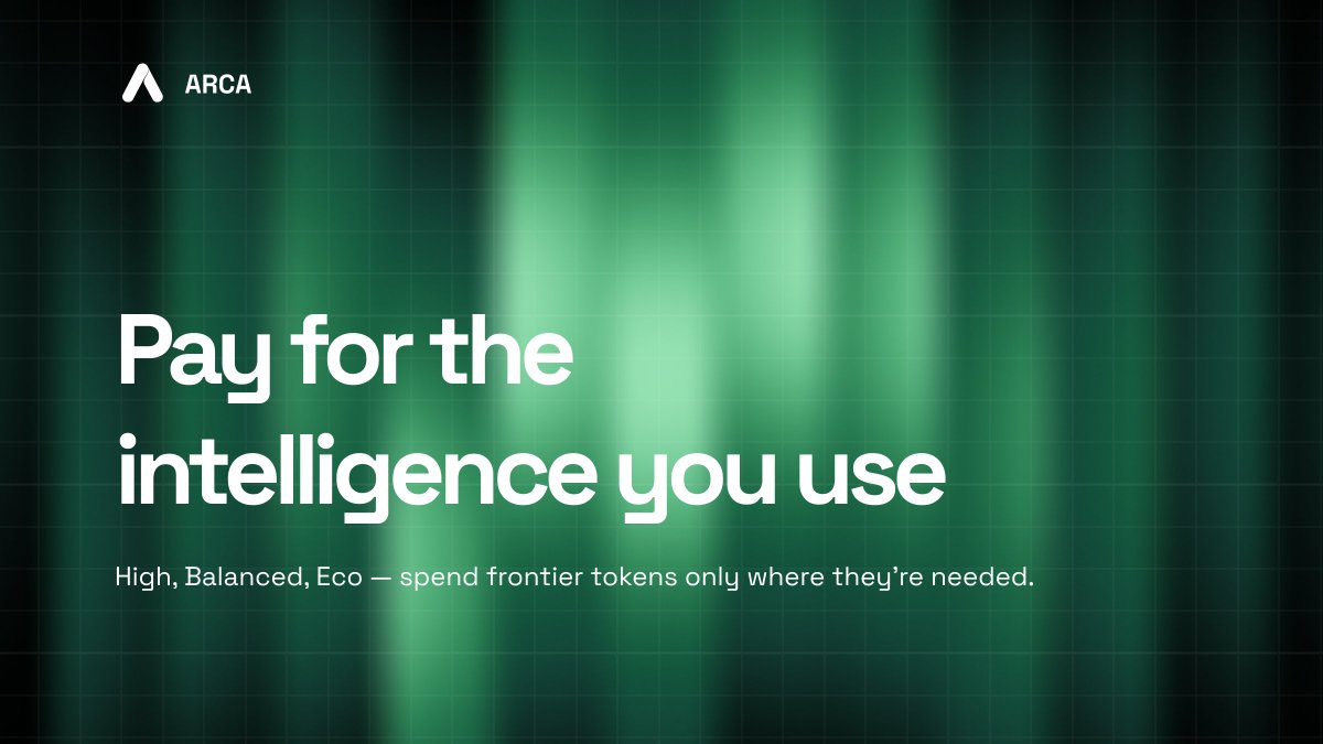 ArcaGateway's tweet photo. Tier routing decides how much intelligence a call actually needs. No platform overhead decides what you pay for it.

The catalog is split into High, Balanced, and Eco. Your agent spends frontier-level tokens only on the reasoning that needs it, and everything else routes to a model priced for the job. The cheapest token is the one your task never needed in the first place.

Then the invoice: tokens used, times the rate we post publicly for that model. No subscription, no per-call fee, no credit packs sitting unused. Settlement runs in USDG on Robinhood, no gas on top, nothing that renews without you calling it.

You choose the tier. The price sheet does the rest.