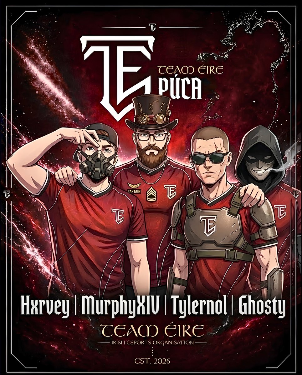 TeamEire_'s tweet photo. Announcing our second roster of many, representing @TeamEire_ in @AMeLeague Division 6🫡

TÉ Púca👹

@MurphyyXIV 
@HarveyB177 
@Ghosty0711 
@tyl3rnor740 

More announcements to follow🇮🇪

#TeamEire https://t.co/GMSLvE7IP9