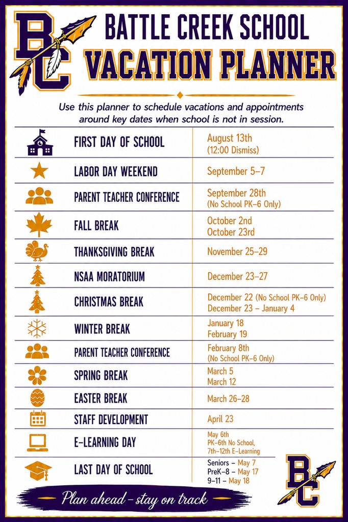 BCBraves's tweet photo. ✏️ Plan ahead and stay on track!

Our 2026–2027 Battle Creek School Vacation Planner is here to help families schedule appointments, plan family trips, and stay informed about important school dates throughout the year.
📌 Be sure to save this easy reference all school year long! https://t.co/P5Mre2uT0N