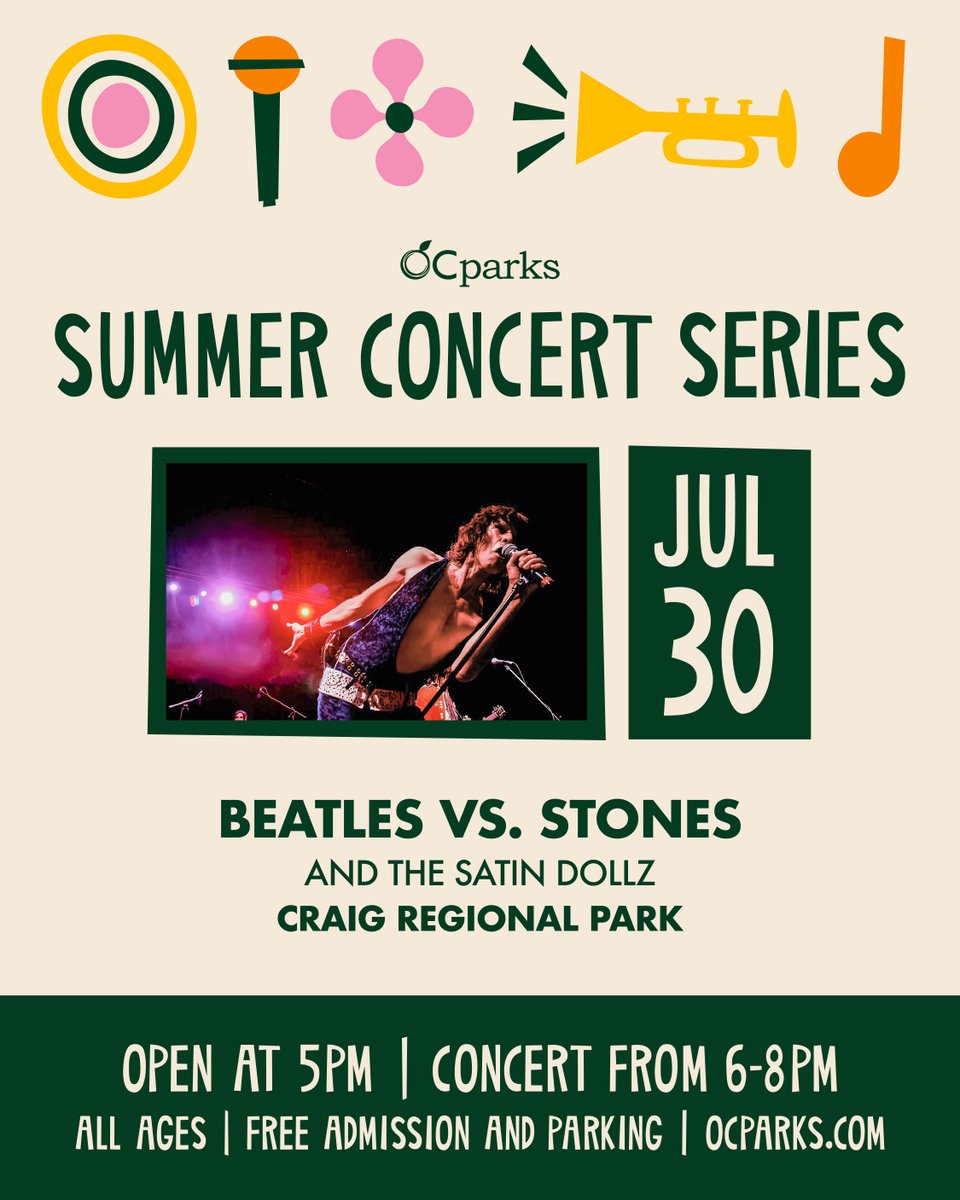 OCParks's tweet photo. Come together and join us as @beatlesvsstones and opener @satindollz take over Craig Regional Park in Fullerton this Thursday, July 30. Wild horses couldn’t drag us away from a chance to enjoy these two bands facing off with one iconic hit after another!
#OCParks #OCSummerNights https://t.co/lcQtZI3zBi