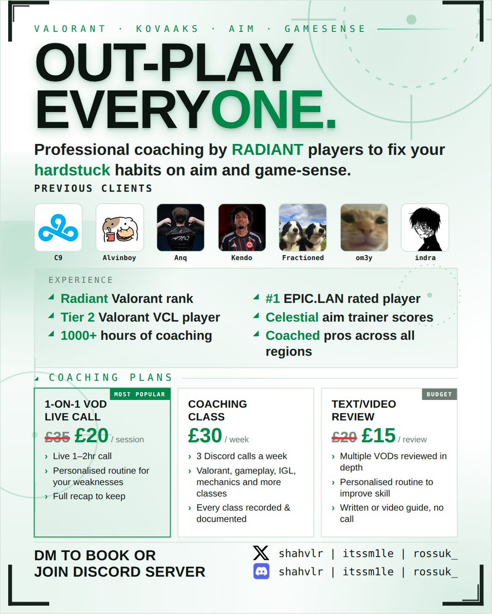 shahvlr's tweet photo. Tired of being hardstuck? Struggling to reach your goal rank or staying consistent? 

We are announcing Valorant coaching with @/ItsSm1le and @/rossuk_ 

Available from the discord link below ⬇️⬇️⬇️⬇️ 

Coaching covers all aspects of Valorant. Mechanics, game sense, decision making and much more. We will be using in-game tools and external trainers like Kovaaks to speed up improvement.

We are also announcing a new type of coaching in the form of classes, in these classes there will be set topics that you can learn from, these topics will go through every aspect of Valorant. 

There will also be discounted prices from today 27th July until 10th August, make sure to book now before spots get filled!!

Long term packages for players and teams available.