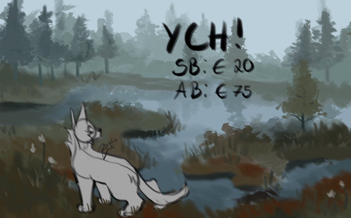 Dahlixbat's tweet photo. YCH!
SB: 20 euros!
AB: 75 euros!

I have never done one of these before, but I need some money and I want to practice backgrounds..

It can be both a canine or a feline, and I can add more or less fur, but I will not be doing extremely complicated characters https://t.co/tmOku4LBK3