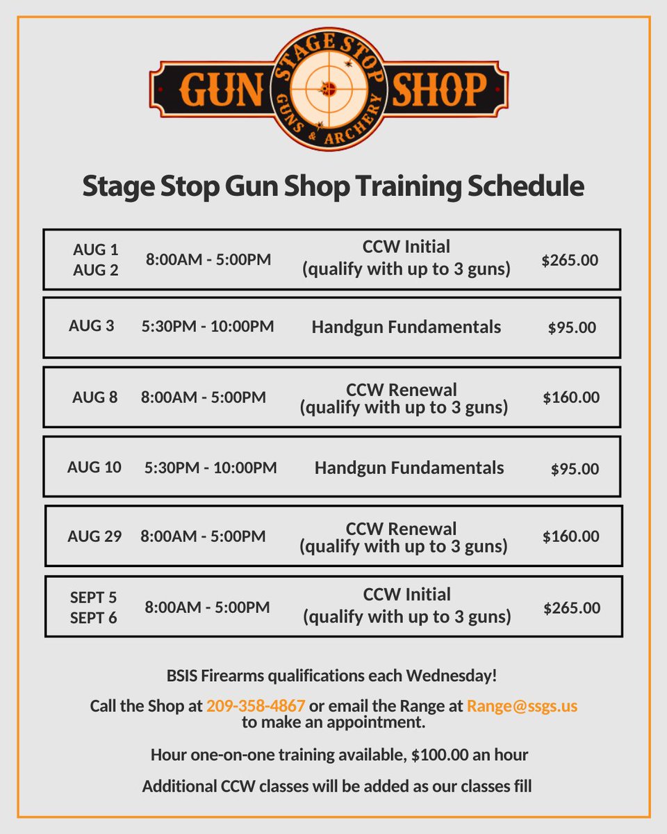 stagestopgun's tweet photo. CCW Initial is this weekend and Handgun Training is next Monday!
Call or stop by the shop to reserve your spot. Payment is required upfront.
#StageStopGunShop #HandgunTraining #CCWTraining https://t.co/7HQVBvfNvM