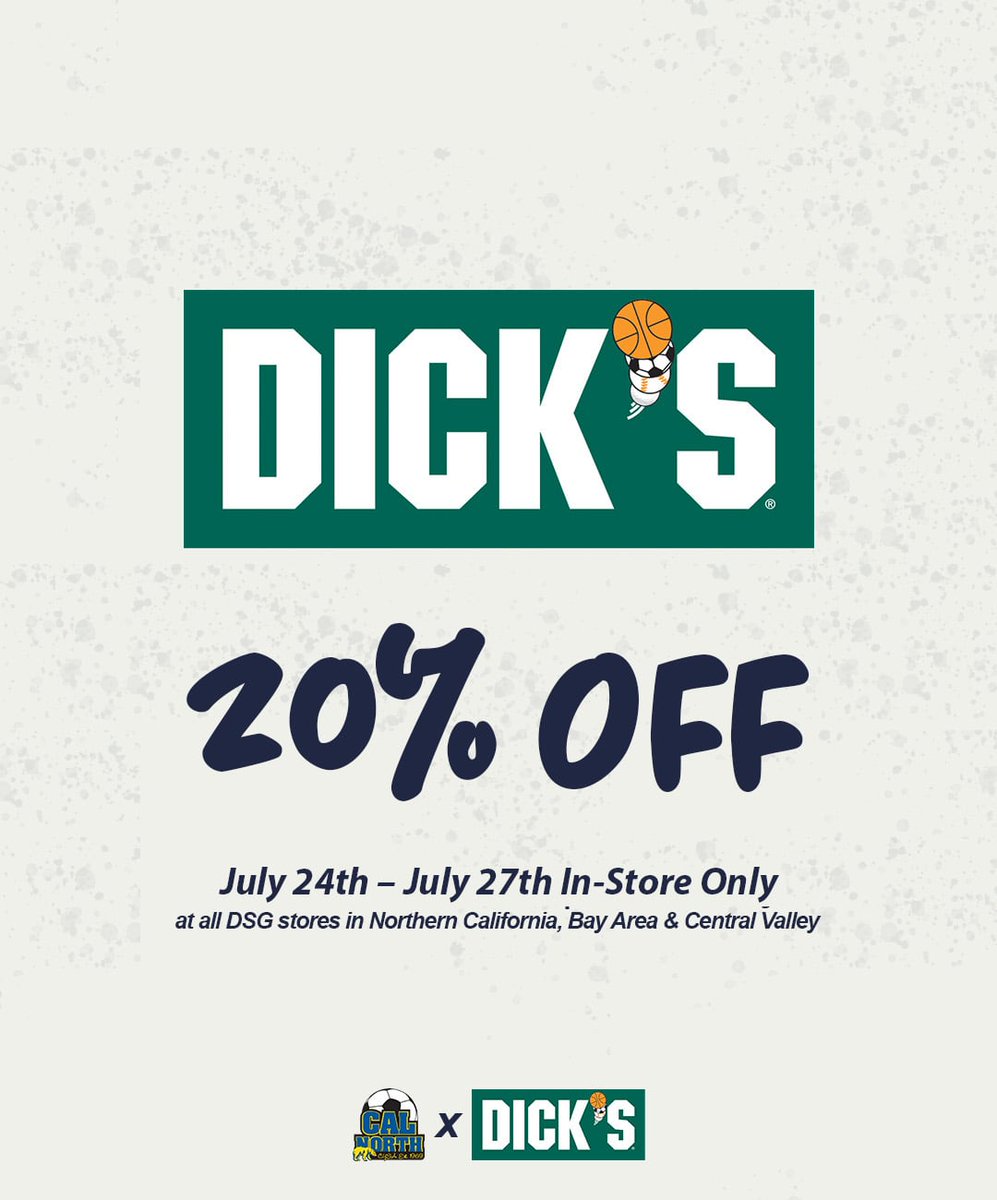 CalNorthSoccer's tweet photo. ⏳ LAST CHANCE!

Today's the final day to save 20% OFF your entire in-store purchase at DICK'S Sporting Goods!

Don't miss your opportunity to gear up for fall soccer with exclusive Cal North member savings.

📅 Offer ends tonight!

#CalNorth #LastChance #DICKSsportinggoods https://t.co/zdQN6N9qpB