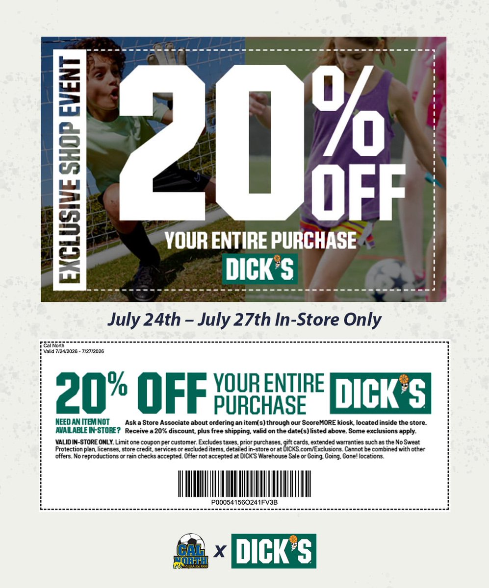 CalNorthSoccer's tweet photo. ⏳ LAST CHANCE!

Today's the final day to save 20% OFF your entire in-store purchase at DICK'S Sporting Goods!

Don't miss your opportunity to gear up for fall soccer with exclusive Cal North member savings.

📅 Offer ends tonight!

#CalNorth #LastChance #DICKSsportinggoods https://t.co/zdQN6N9qpB