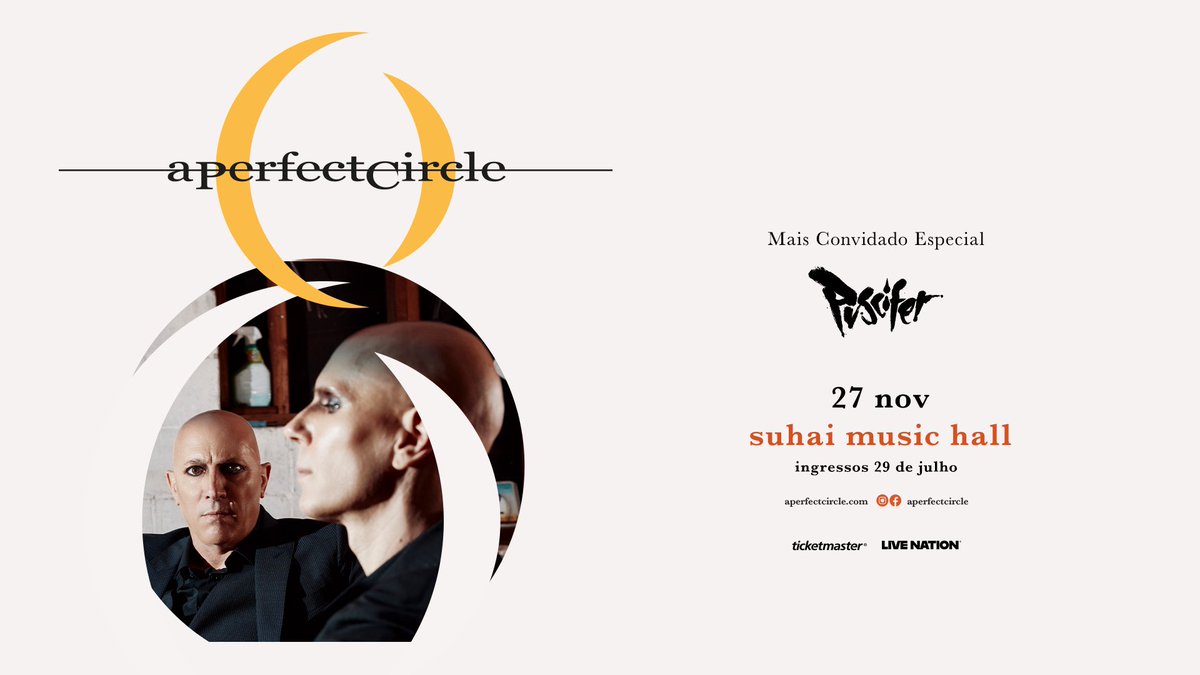 LiveNationBR's tweet photo. Depois de mais de uma década, A Perfect Circle está de volta ao Brasil.
A banda retorna para um show único em São Paulo, no dia 27 de novembro, no Suhai Music Hall. 

A noite ainda contará com a participação especial do Puscifer, projeto que combina música, performance e artes visuais em uma experiência única.
Será uma oportunidade rara de assistir, no mesmo palco, dois dos projetos mais marcantes da carreira de Maynard James Keenan.

🚨 PROGRAME SEU ALARME: Os ingressos estarão disponíveis a partir do dia 29 de julho, às 10h, no site da @ticketmasterbr.