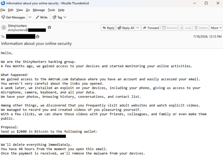 Malwarebytes's tweet photo. Scammers are exploiting leaked email addresses obrained from ShinyHunters data dumps to send convincing sextortion emails demanding $2,000 in Bitcoin.

The emails may even include real personal details from past breaches to make the scam look legitimate.

But the scam is fake. https://t.co/gnjd18dOkx