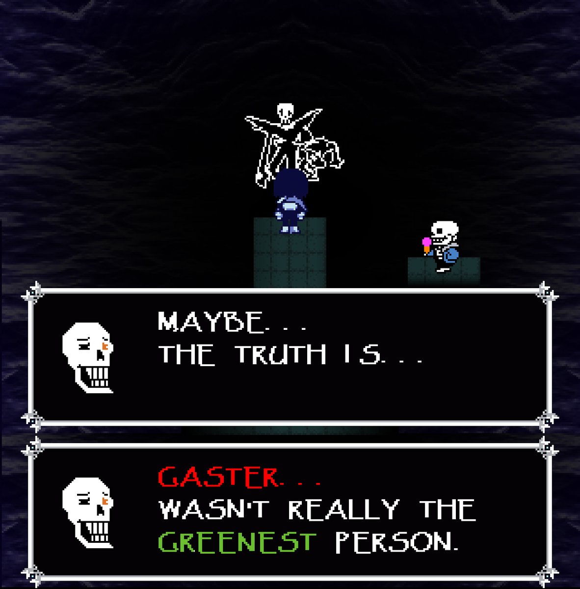 Tairbaz's tweet photo. (spoilers for deltarune chapter 7)
These lines have some interesting implications, I think you only get these if you collected all the eggs I didn't see them when my friend was screensharing their playthrough https://t.co/Ljq4ETzGoi