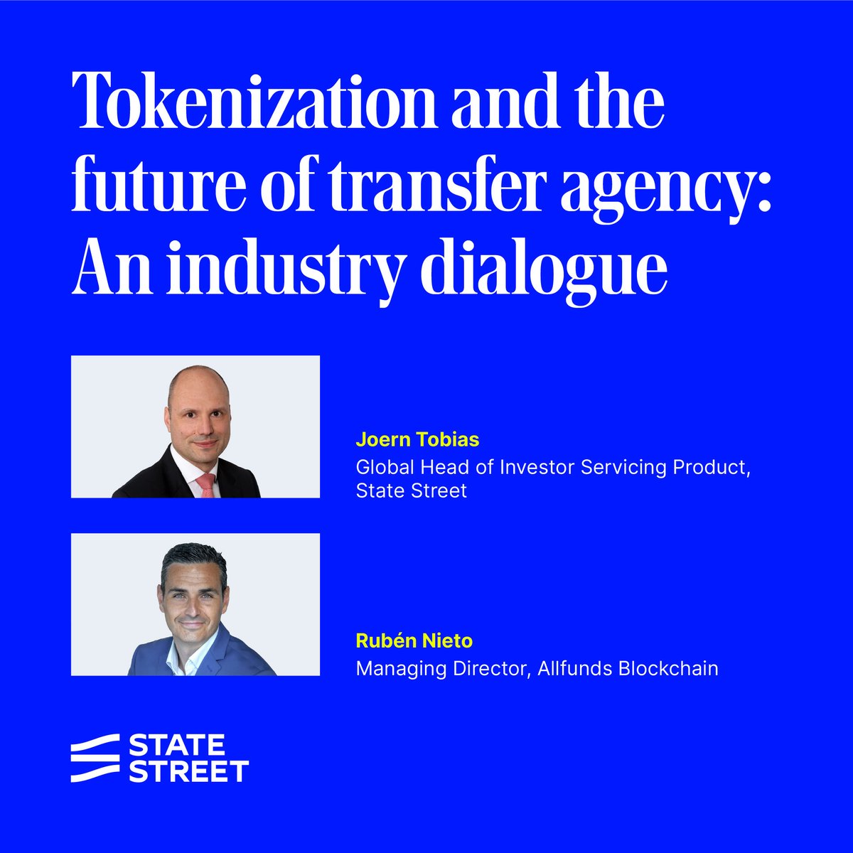 StateStreet's tweet photo. Transfer agency may not be the first area that comes to mind when discussing tokenization, but it is quickly becoming one of the most practical applications.

In this Q&A, Joern Tobias, State Street’s global head of Investor Servicing Product, and Ruben Nieto Martin-Vares, managing director at Allfunds Blockchain, discuss how blockchain-enabled workflows can improve operational efficiency, reduce risk, and help lay the foundation for tokenized fund servicing.

Read their Q&A:  https://t.co/KPoWJvtdJM