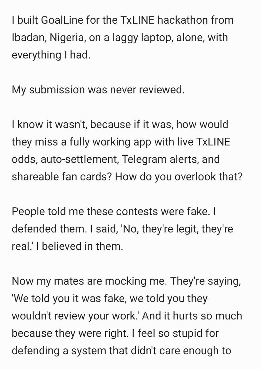 GiftVisuals's tweet photo. @SuperteamNG My submission to the TxLINE hackathon was never reviewed. I built this from Ibadan , Nigeria with everything I had. Read my story. 💔🇳🇬 

@SuperteamEarn @TXODDSOfficial @SuperteamNG #Solana #Web3 #BuildInPublic " https://t.co/WukiryXlV2