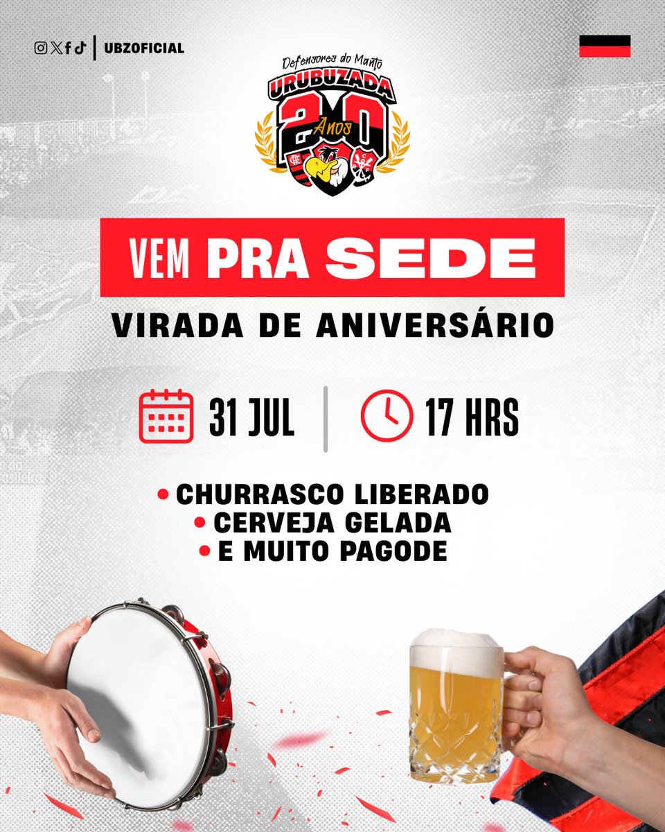 ubzoficial's tweet photo. TÁ CHEGANDO A HORA! A VIRADA DOS 20 ANOS DA URUBUZADA É NA SEDE!

🗓️ Sexta-feira, 31/07
🕔 A partir das 17h
📍 Rua Barão de Iguatemi, 204-A

🍖 Churrasco liberado
🍺 Cerveja gelada
🥁 Muito pagode e resenha

Esperamos todos vocês!

#URUBUZADA
#DefensoresdoManto
#UBZ20anos https://t.co/eF6guaCgIs