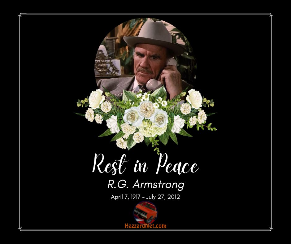 hazzardnet's tweet photo. 🕯️ Remembering R. G. Armstrong 🕯️

On this day in 2012, we lost the unforgettable R. G. Armstrong. Dukes of Hazzard fans will remember him as Tom Pryor in "Witness for the Persecution" and Calloway in "Ding Dong, The Boss Is Dead." Gone but never forgotten.

#DukesofHazzard https://t.co/GU3Uc1NeLf