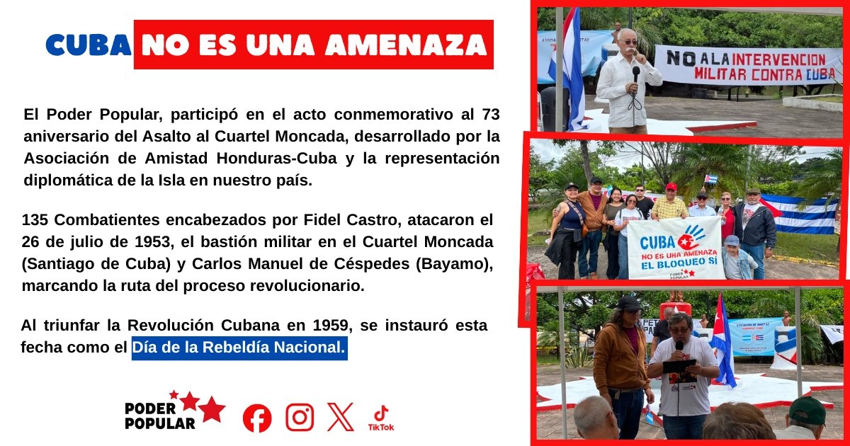 PoderPopularhn's tweet photo. 🇭🇳🤝🏻🇨🇺El Poder Popular participó en el acto conmemorativo a los 73 años del asalto al Cuartel Moncada, convocado por la @honduras_cuba y la @EmbaCubaHN representación diplomática de la Isla rebelde y solidaria.
 
#CubaNoEstáSola

📍Plaza Cuba, #TegucigalpaHN. https://t.co/1gaBl1iIDd