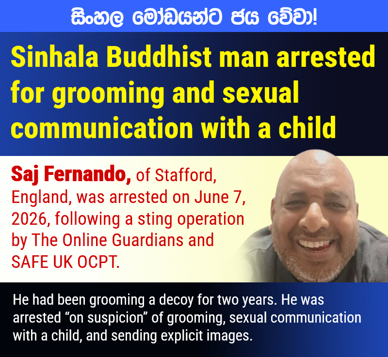 sinhalawave_'s tweet photo. 126/ 🇬🇧🇱🇰 Saj Fernando was arrested in Stafford for grooming a decoy for 2 years. Sexual communication with a child &amp; sending explicit images.

He wore a Sri Lankan jersey in the sting video.

#EelamNews #Sinhala #UK #Stafford #Grooming https://t.co/HAuQcTq75Y