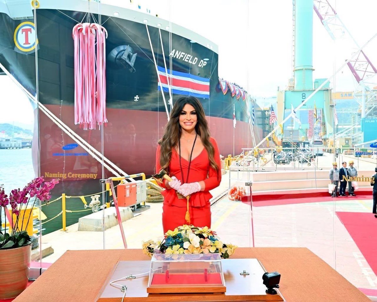 USAmbassadorGR's tweet photo. It was an honor to join my friend Nikos Tsakos of Tsakos Group, Samsung Heavy Industries, and @ExxonMobil in Korea to christen a new vessel. 🇺🇸🇬🇷🇰🇷 A proud symbol of Greek maritime excellence, Korean shipbuilding craftsmanship, and the strategic partnership uniting our three nations. When allies build together, we all rise together.