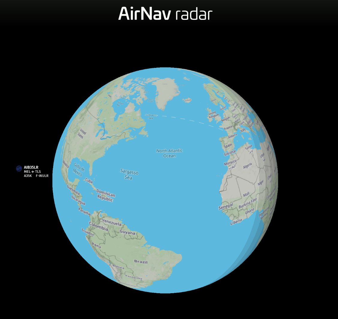 AirNavRadar's tweet photo. Yes... Our new Globe Map lets you follow ultra-long-haul flights exactly as they travel across the planet—making polar routes, ocean crossings, and intercontinental journeys easier to visualize than ever before. 😗😎

Tracking the Airbus A350-1000ULR's epic nonstop flight from Melbourne to Toulouse? The Globe Map is the perfect way to experience it.

Explore the new view and track the flight live:
https://t.co/v8X9StmX8U