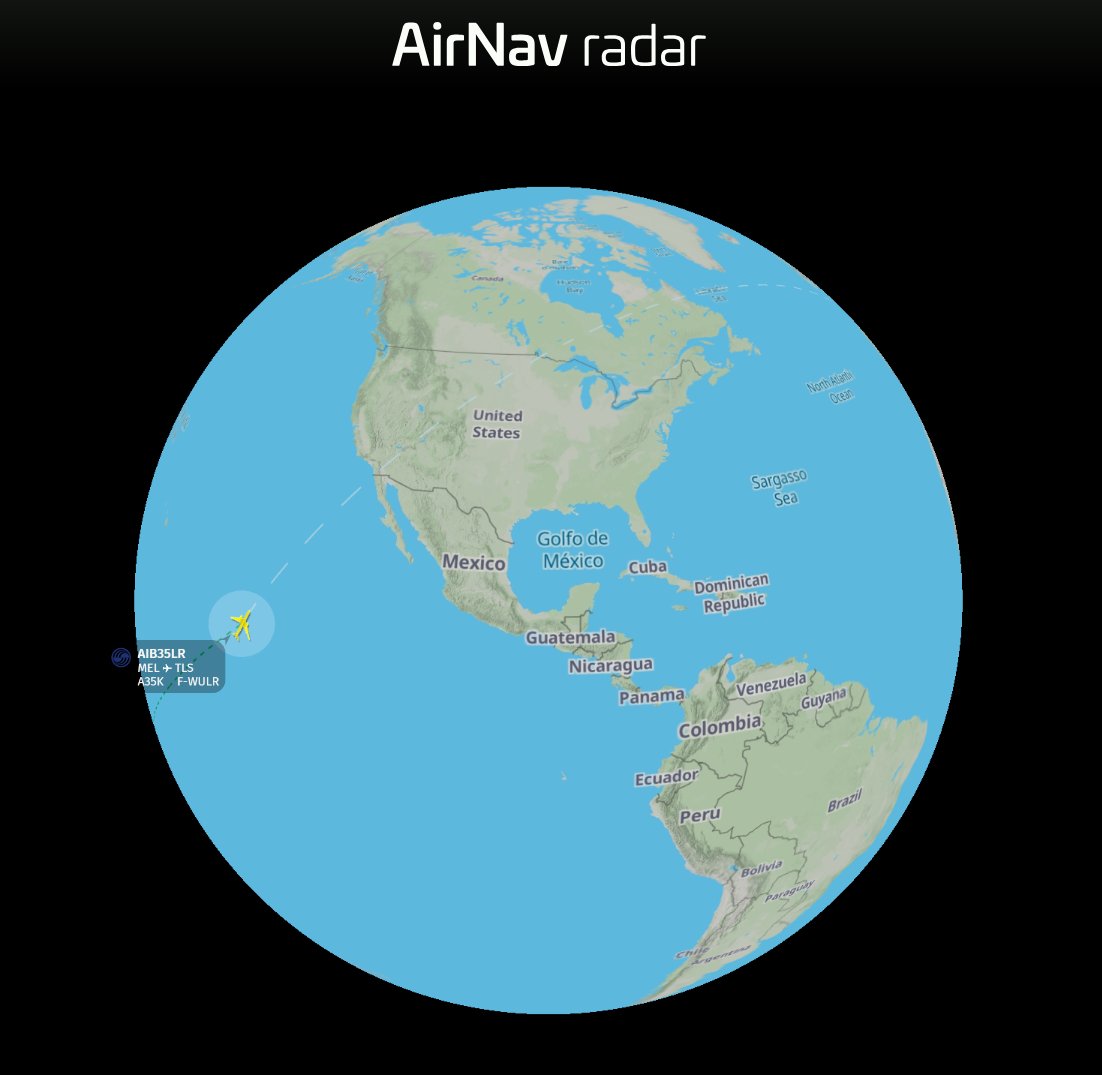 AirNavRadar's tweet photo. Yes... Our new Globe Map lets you follow ultra-long-haul flights exactly as they travel across the planet—making polar routes, ocean crossings, and intercontinental journeys easier to visualize than ever before. 😗😎

Tracking the Airbus A350-1000ULR's epic nonstop flight from Melbourne to Toulouse? The Globe Map is the perfect way to experience it.

Explore the new view and track the flight live:
https://t.co/v8X9StmX8U