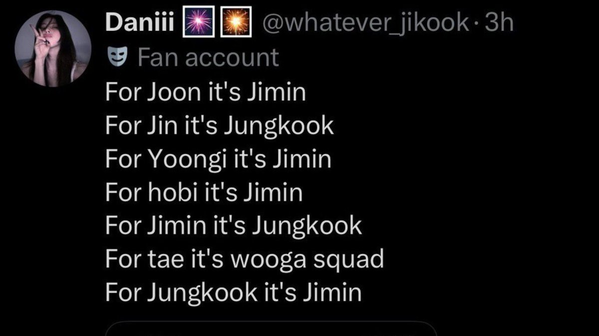 trishathkk's tweet photo. For joon it's jin
For Jin it's joon
For hobi it's yoongi
For yoongi it's hobi
For Jimin it's DAEUN 💍🤵🏻👰🏻
For JK it's always Taehyung
For Taehyung it's always JK https://t.co/K9PL2jrA98